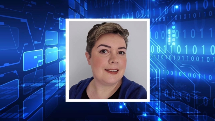 Photo of Charlotte Bascombe, on a blue tech-related background