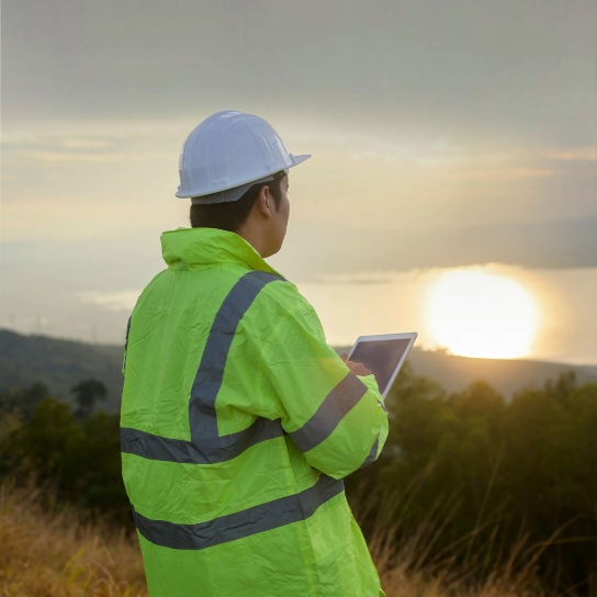 Man wearing high vis coat and safety hat, holding a tablet, looking out over fields and the sunset