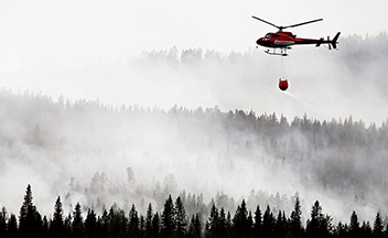 Helicopter flying over forest