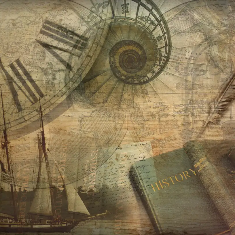 Understanding our history image with compass maps in sepia background.
