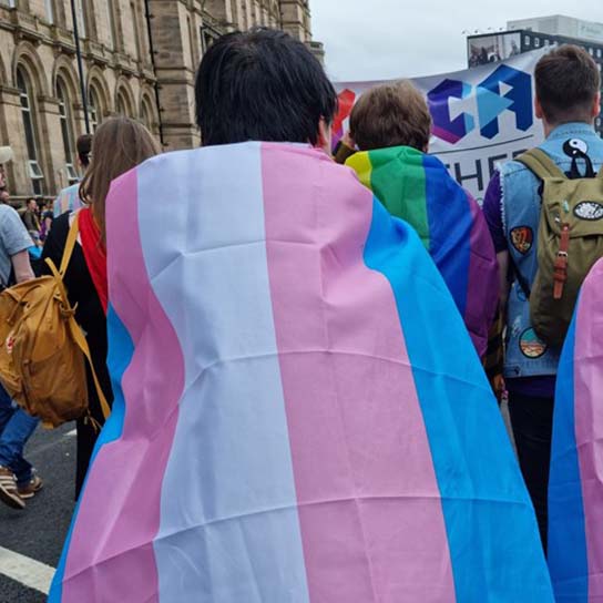 Person with transgender pride flag
