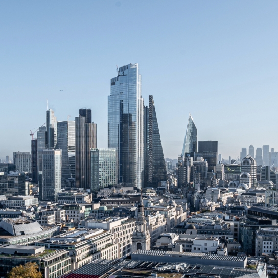 Photo of the London skyline on a sunny, clear day