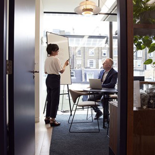 Lady giving presentation to a man