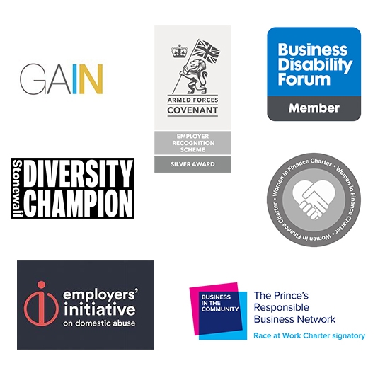 DE&I logos for our commitments, including GAIN, Armed Forces Covenant (Silver award), Business Disability Forum member, Stonewall Diversity Champion, Women in Finance Charter, Employers' Initiative on Domestic Abuse, and Race at Work Charter