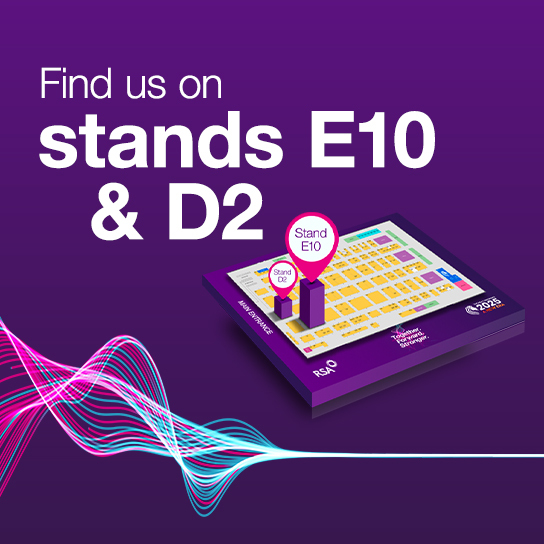 BIBA image - infographic with purple background and text that says 'find us on stands E10 and D2'. There is a graphic which shows 2 pin locations on a floormap, showing our 2 stand locations at the BIBA conference.