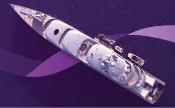Aerial image of a super yacht in the ocean, with purple tones and a purple RSA branded thread/ribbon going through the image
