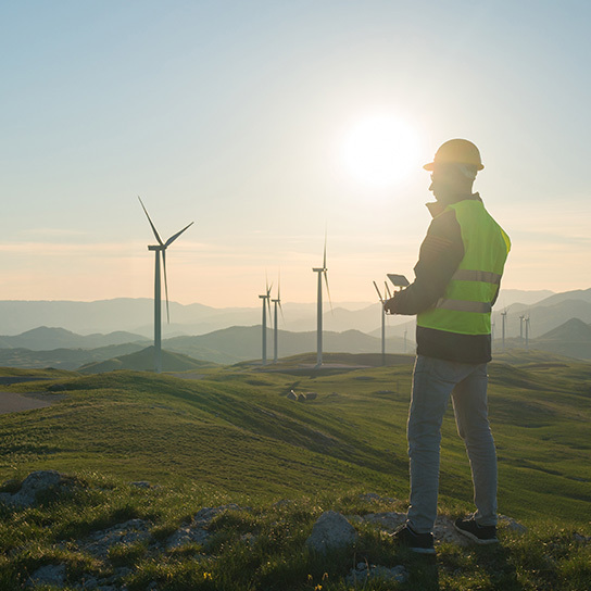 Man at top of a hill looking at the wind turbines in the horizon.