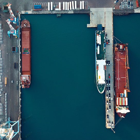 Aerial shot of ship in shipping yard