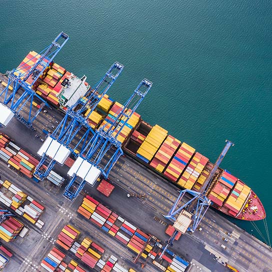 Aerial shot of ship and cargo