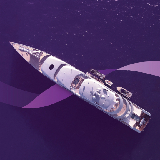 Aerial image of a super yacht in the ocean, with purple tones and a purple RSA branded thread/ribbon going through the image