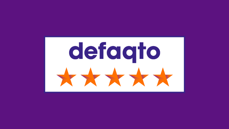 Purple background image with Defaqto 5 Star logo showcased in centre